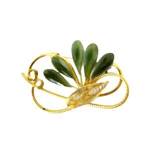 Vintage Jade Green Fashion Brooch Pin 2 1/2" x 1 1/2" Gold Tone Elegant Swirl